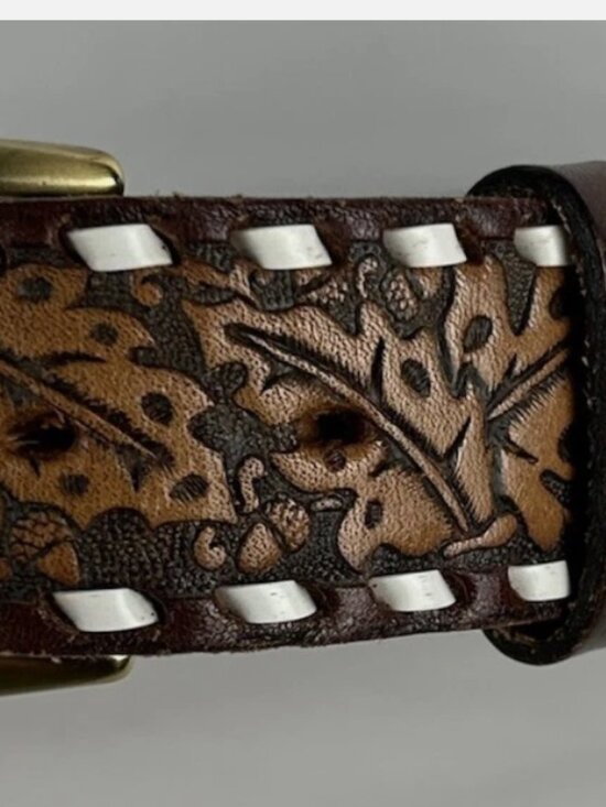 Cowboy Belt Sz 32 Tooled Western Steerhide Leather Floral  Vintage Sunbelt Horse Leaf Print Steer Hide Tooled Leather Belt Mens Size 32